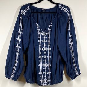 Lucky Brand Women L Navy Blue Cotton Embroidered Lightweight Long Sleeve Blouse